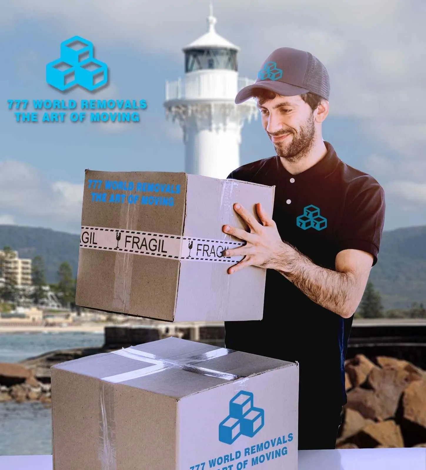 777 World Removals mover carrying a box on the Wollongong coast