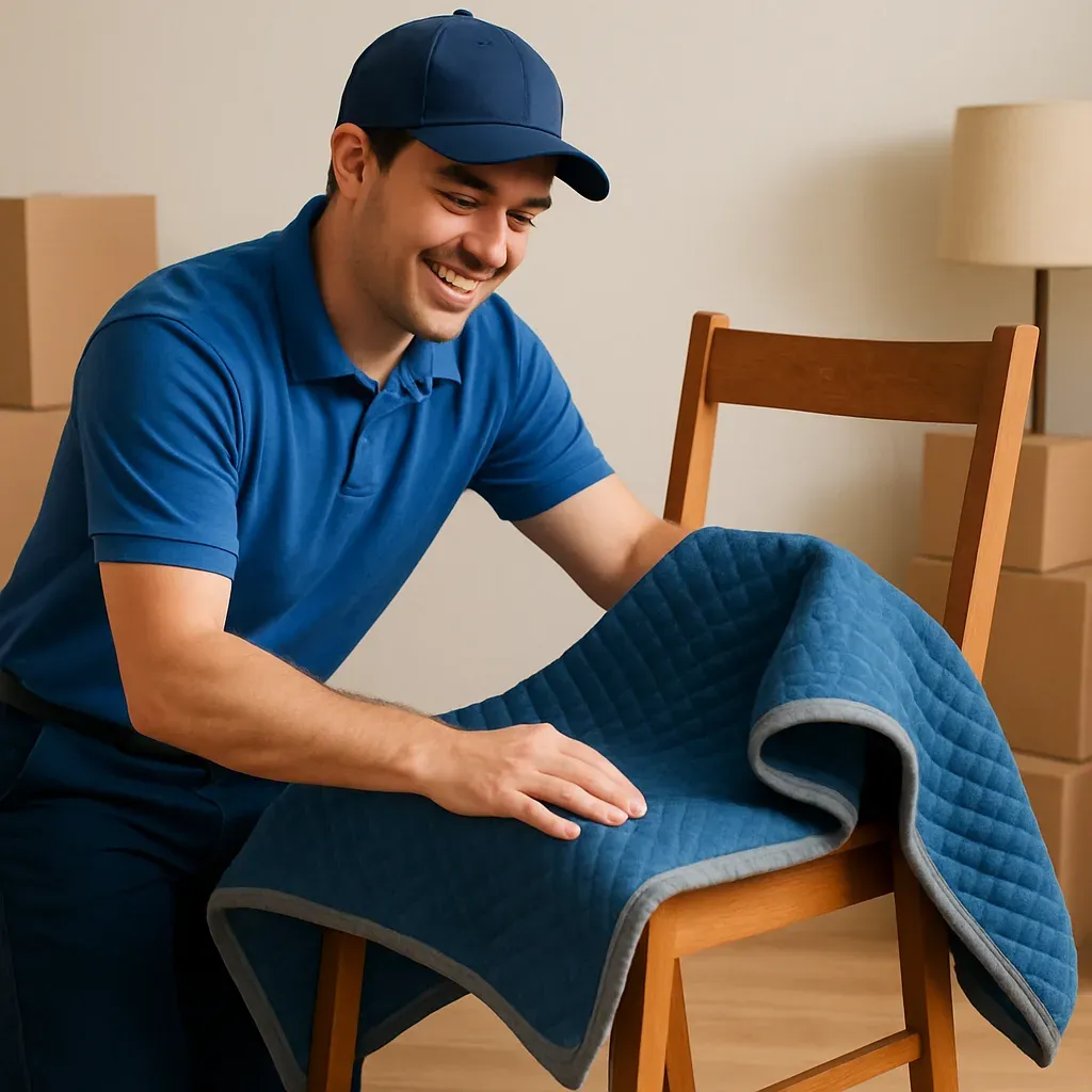 Furniture wrapped in moving blankets for a move to Newcastle
